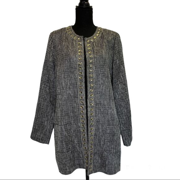 Chicos Jeweled Neckline Tweed Blazer Jacket Pockets Tunic Length Sz 16🇨🇦 - Picture 1 of 12